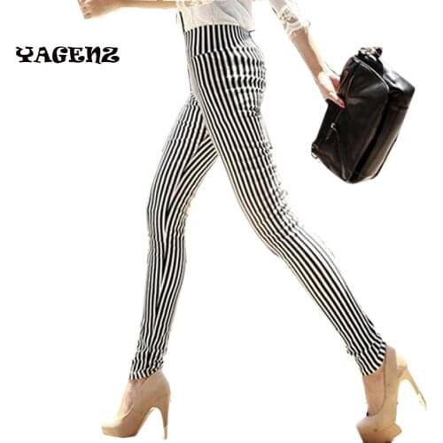 Fashion Autumn Elegant Womens Nine points casual pants fashion stripes high waist stretch breathable Slim Pencil Trousers
