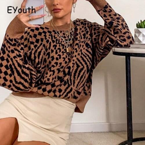 Fashion Women Sweate Leopard Print Long Sleeve Loose O-neck Pullover Sweater Casual Street Knitwear Sweaters Women Clothes