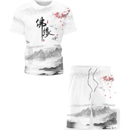 2021 New Summer Mens Sets Harajuku Style Sports Suit Chinese Character Tshirts 2 Piece Set Mens Sportswear Short Sleeves
