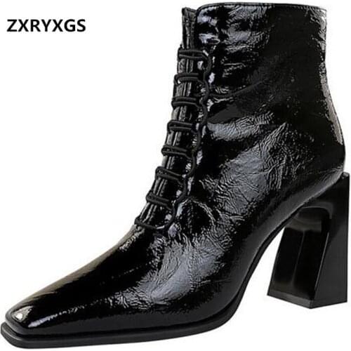 New Classic Retro Cross Strap Thick with High Heeled Boots Winter Women Boots Square Toe Patent Leather Warm Shoes Martin Boots