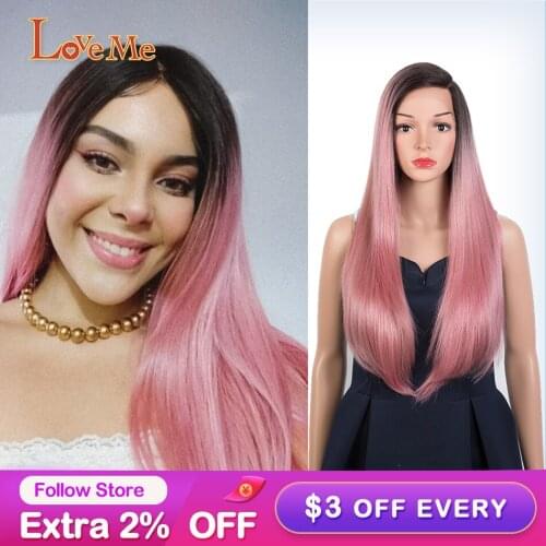 LOVE ME Hair Straight U Part Lace Wig Synthetic Ombre Pink Color DIY Braid Cosplay Wigs Heat Resistant Fibre Hair Wigs For Women