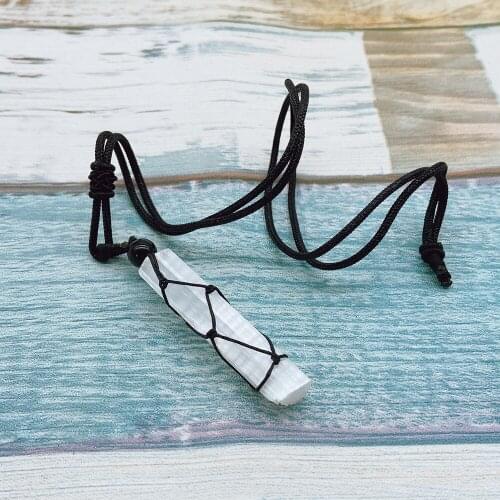 White Crystal Selenite Weave Pendant Black Rope Wrapped Chain Necklace Natural Gypsum Stone Yoga Healing Reiki Stick Wands