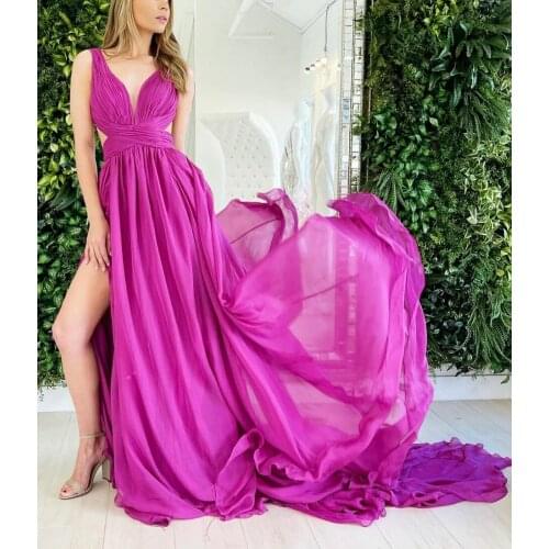 Sexy Long Deep V-Neck Mermaid Evening Dresses with Pockets Chiffon Backless Satin Slit Abendkleider Robes De Soirée for Women