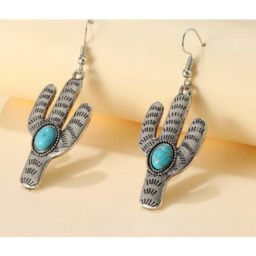 Retro Style Turquoise Stone Metal Cactus Drop Earrings for Women Fashion Plant Earrings Bohemian Jewelry Wholesale