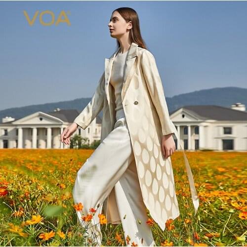 VOA Silk Heavy 34m/m Jacquard Pile Neck One Button Long Sleeve Loose Side Pocket Contrast Panel Windbreaker FE97