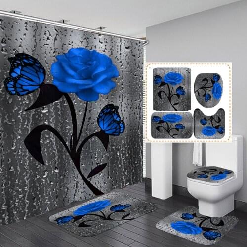 Blue Rose Print 3D Shower Curtain Waterproof Polyester Bathroom Curtain Anti-slip Bath Mat Set Toilet Rugs Carpet Home Decor