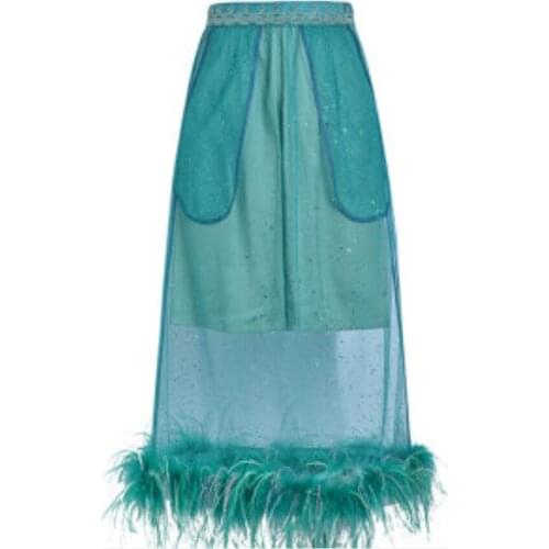 2021 summer Fashion Streetwear Feathers Hem Shimmer Mesh Skirt Women Party Skirts