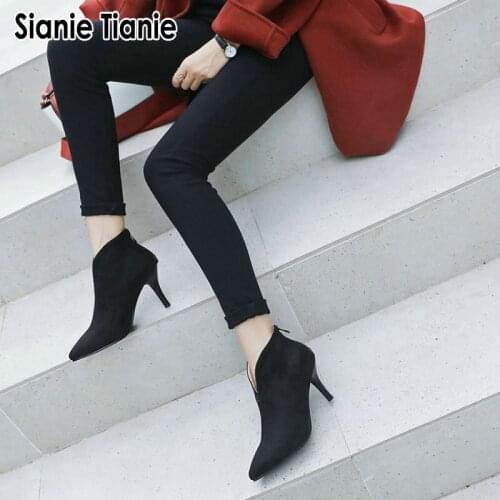 Sianie Tianie 2020 Winter Autumn New Faux Suede Pointed Toe Sexy Woman Boots V Cut Thin High Heels Stilettos Female Ankle Boots