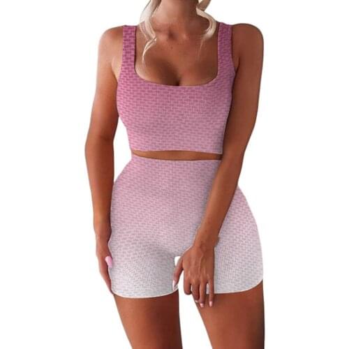 Women Yoga sets Two-piece Sports Clothes Set, Gradient Color U-shaped Collar Sleeveless Crop Tops and Shorts