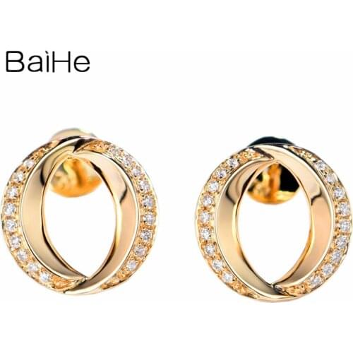 BAIHE Solid 14K Yellow Gold 0.08ct H/SI Natural Diamond Wedding Party Trendy Fine Jewelry Beautiful O shaped Stud Earrings women