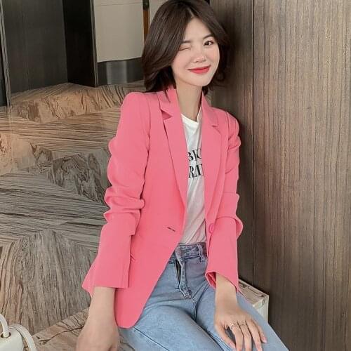 S-2xl Spring Solid Short Women Pink Blazer With Pockets Female Coat Autumn Fashion Slim Blazers Outerwear High Quality Jackets