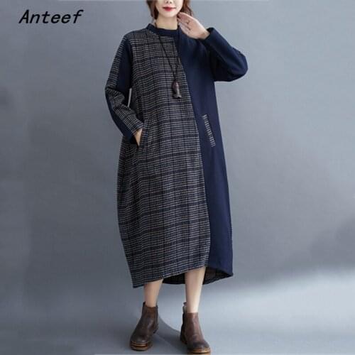 Long sleeve plus size cotton vintage plaid for women casual loose autumn winter dress elegant clothes 2021 ladies dresses
