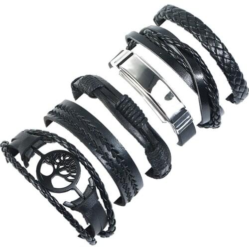 6pcs/set New European and American simple retro woven cowhide punk vintage bracelet rope cross-border source DIY combination set