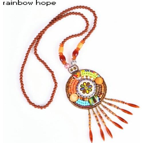 Brown glass beads strand Tassel long ethnic Statement Necklace bohemian Multilayer Ceramic Pendant necklaces for fashion jewelry