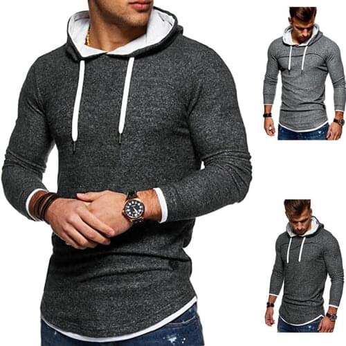 Mens Stitching Hem Arc X-Shaped Leather Label Design Long-Sleeve Hooded T-Shirt