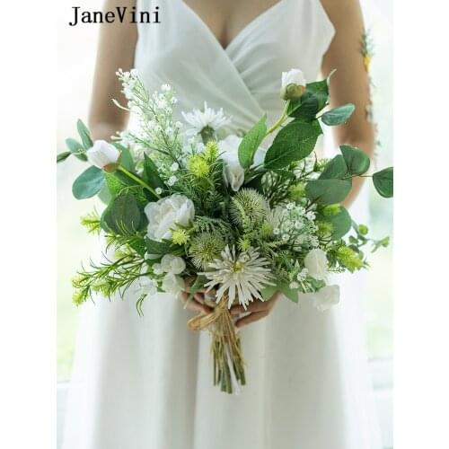 JaneVini Romantic White Bridal Bouquets Artificial Silk Rose Boho Bouquet Green Leaves Bridesmaid Holding Flowers Bouket Wedding