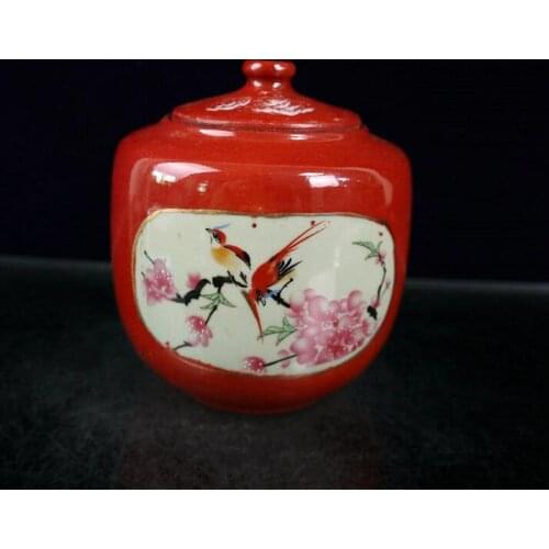 Ceramics Red Glaze Double Side Windows Flower and Bird Landscape Pattern Storage Tea Can Porcelain Chinaware Home Decoration