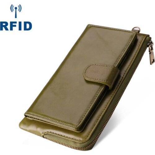 RFID Genuine Leather Womens Wallet Multi Function Mobile Phone Female Card Holder Hand Bag Fashion Cowhide Coin Purse