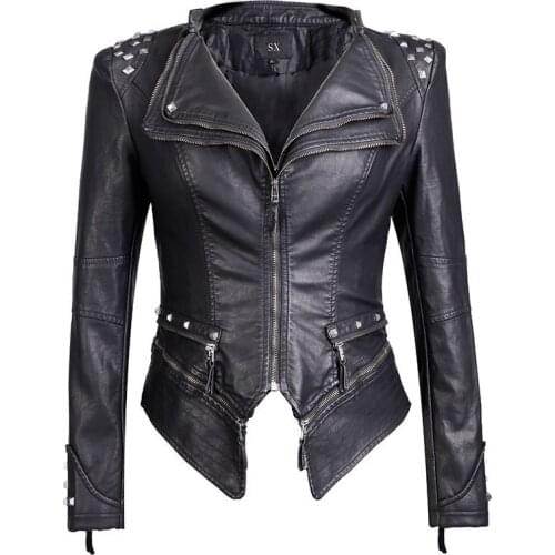 Women Smooth Motorcycle Faux Leather Jackets Punk Ladies Long Sleeve Autumn Winter PU jacket Streetwear Black Coat