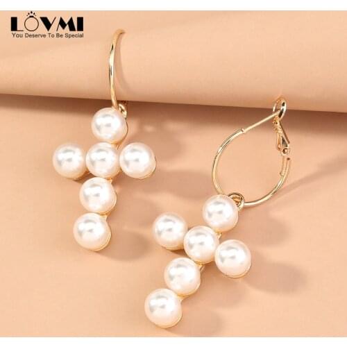 Lovmi Fashion Hyperbole Earrings Crosses For Women Girl With Big Pearls Bar Setting Alloy Metal Long Hanging Earrings For Gift