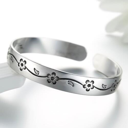 Fashionable Womens S925 Silver Plated Retro Plum Blossom Ethnic Style Open Adjustable Bracelets 122