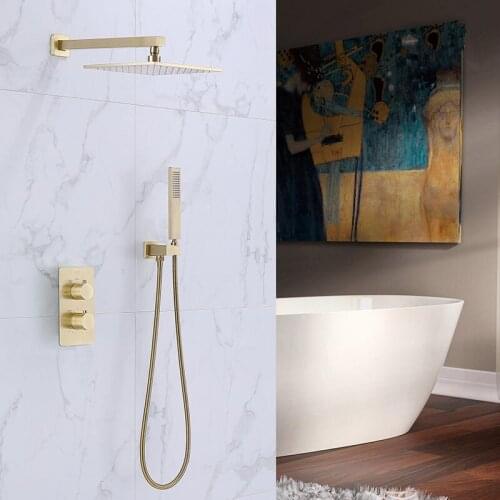 Bathroom Shower Set Brushed Gold Rain Shower Faucet Wall Mounted Thermostatic Valve System 10" Shower Head