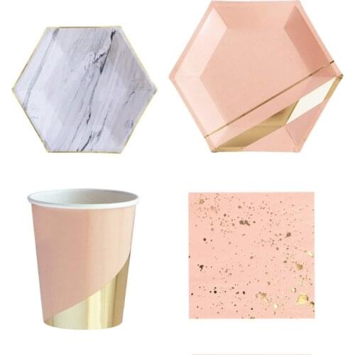 Disposable Tableware Paper Pink Green Gold Marble Foil Hexagon Plates Cutlery Napkins Cups Straws For Birthdays Showers Weddings