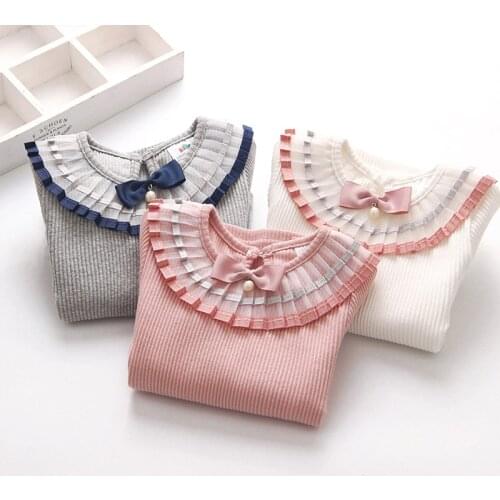 2021 Spring Autumn 2-12T 100% Cotton White Grey Solid Color Long Sleeve Pleated Turn-Down Collar Neck T Shirt For Girls 10 Years