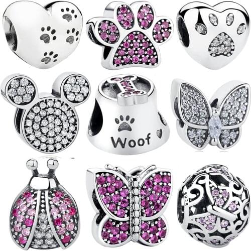 Pure 925 Sterling Silver Lovely Dog Cat Pet Paw Print Charms Fit Pandora Bracelet Necklace Heart Bead Accessories Jewelry Making