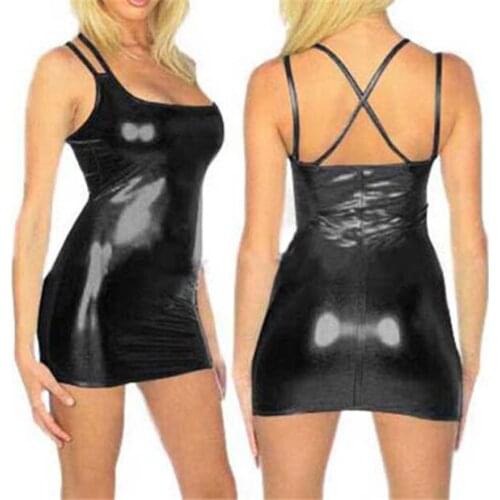 HOT Sexy Spaghetti Strap Faux Leather Erotica Dress Catsuit Women Dance Costumes Sexy Latex Fetish pvc Fantasias Culb Wear