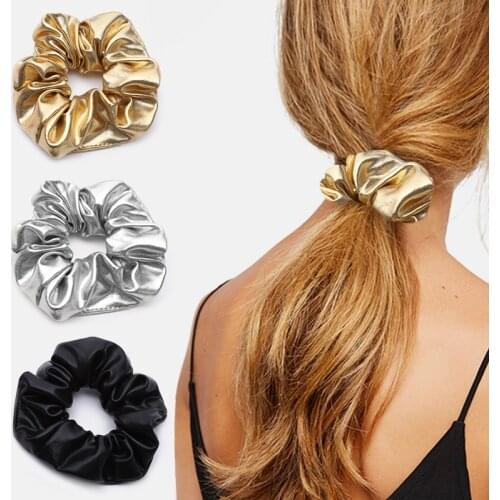 Fashion Silver Gold Scrunchie Headbands Pu Faux Leather Elastic Hairband For Women Girl Ponytail Holder Hair Rope Accessories
