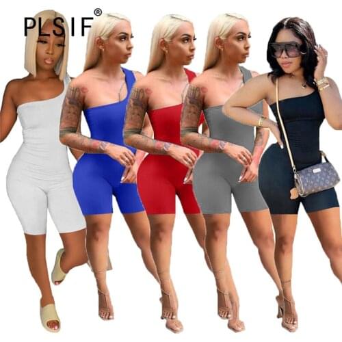 Simple Pure Color Skew Neck Sleeveless Skinny Jumpsuits Sexy Tight Club Party Lady Fashion Sheath Playsuits