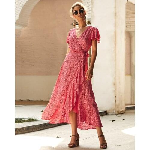 Sexy Printed V-neck Dress Boho Short Sleeve Slim Beach Dress Womens 21 Summer New Fashion Yellow Red Black Blue Beach Dress