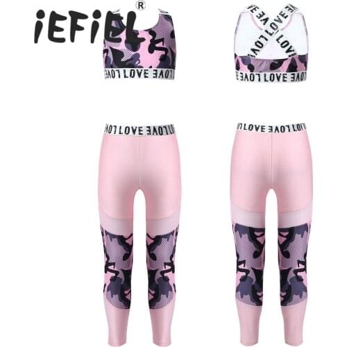 Kids Girls Ballet Dancewear Workout Gymnastics Outfits U Neck Sport Bra Top Mesh Patchwork Pant Leggings Set Dance Outfits