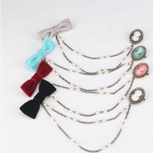 Women Velvet Ribbon Handmade Little Bow Cameo Imitation Pearl Brooch Pin Sweater Cardigan Fashion Chain Boutonniere Jewelry Gift