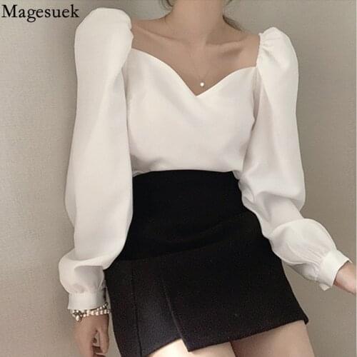 Elegant Korean Long Sleeve Blouse 2021 New Puff Sleeve Loose Women Tops Fashion Solid White Simple Women Shirt Blusa Mujer 13528