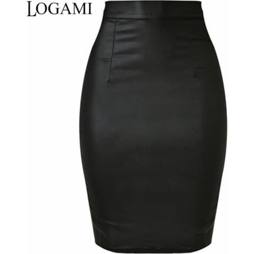 LOGAMI Women Faux Leather Skirt Pencil High Waist Skirts Womens Skirt Black Midi Saia Couro Jupe Simili Cuir