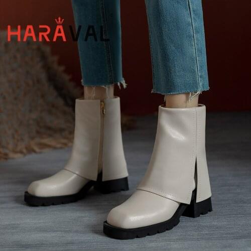 HARAVAL Women Ankle Boots Shoes Black White Motorcycle Boots Genuine Leather Footwear Elegant Fashion Square Toe Solid ShoeE471L