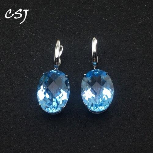 CSJ Big Stone 32ct Natural Sky Blue Topaz Earrings 925 Sterling Silver Fine Jewelry For Women Wedding Engagment Party For Gift