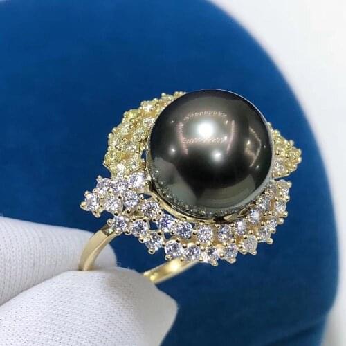 D521 Pearl Ring Fine Jewelry 925 Sterling Silver Round 11-12mm Nature Sea Water Tahiti Black Pearls Rings for Women Presents