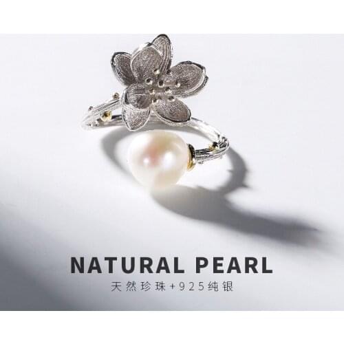 S925 sterling silver Inlay Natural Freshwater pearl Lotus Argent pur Female opening All-matching Ring