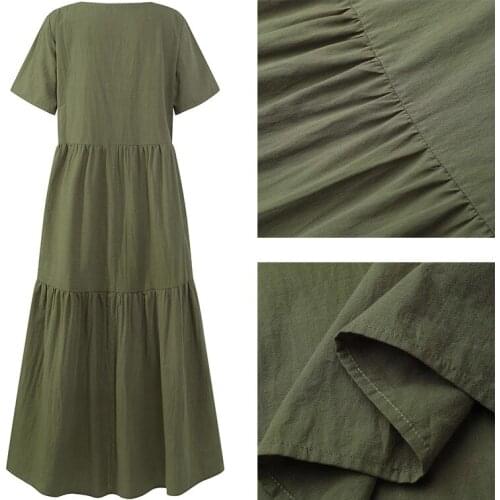 Women Casual Ruffles Long Dress Summer Elegant Cotton Short Sleeve Solid Color Sundress Vintage O-Neck Oversized Femme Robe