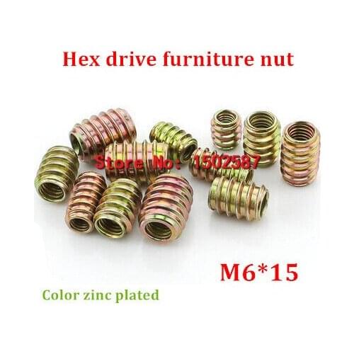 100pcs/lot M6*15 Color Zinc Coated Pass-Through Furniture Nut Internal External Thread Screw For Wood Insert Nut