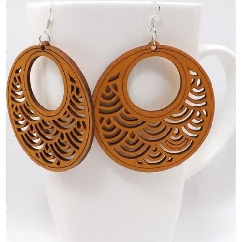 12 Pairs Good Quality Wood Earrings Organic Round brown Hollow African Woman Wooden Brincos Pendant 6cm/2.4