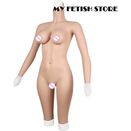 4G Long Sleeves Half Pants to Knee Cross dressing Realistic Soft Silicone D Cup Breast Form Fake Boobs Body Suit With Vagina
