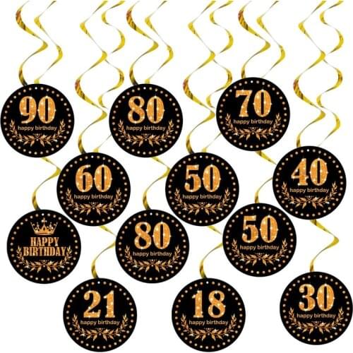 6 Pcs/set Black Gold Spiral Happy Birthday Swirl 13 16 18 21 30 40 50 60 70 80 90 Years Old Hanging Ornaments Party Decors
