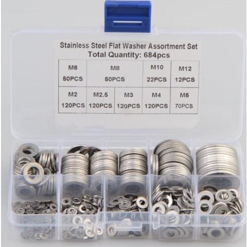 684Pcs/set DIN125 M2 M2.5 M3 M4 M5 M6 M8 M10 M12 Stainless Steel Flat Washer Plain Washer Gaskets Assortment Kit