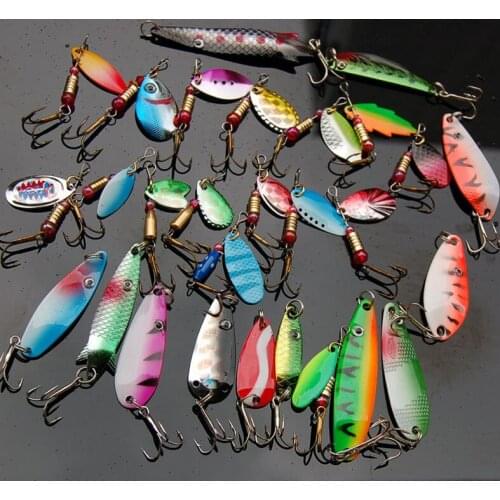 Free shipping 30pcs/lot mixed designs weight fishing spoon lure isca artificial fishing bait metal bait trout lure wobbler lure
