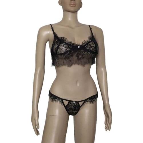 Women Sexy Sheer Eyelash Lace Trim Bikini Lingerie Set Bra Top with Panties G-String Underwear Sleepwear