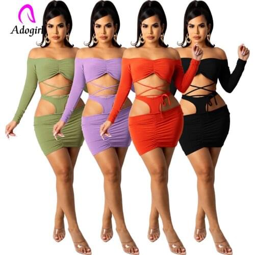 Mesh Hollow Out Solid Two Pieces Fall Dress Sets Off The Shoulder Long Sleeve Slim Bandage Tops Ruched Drawstring Mini Skirt